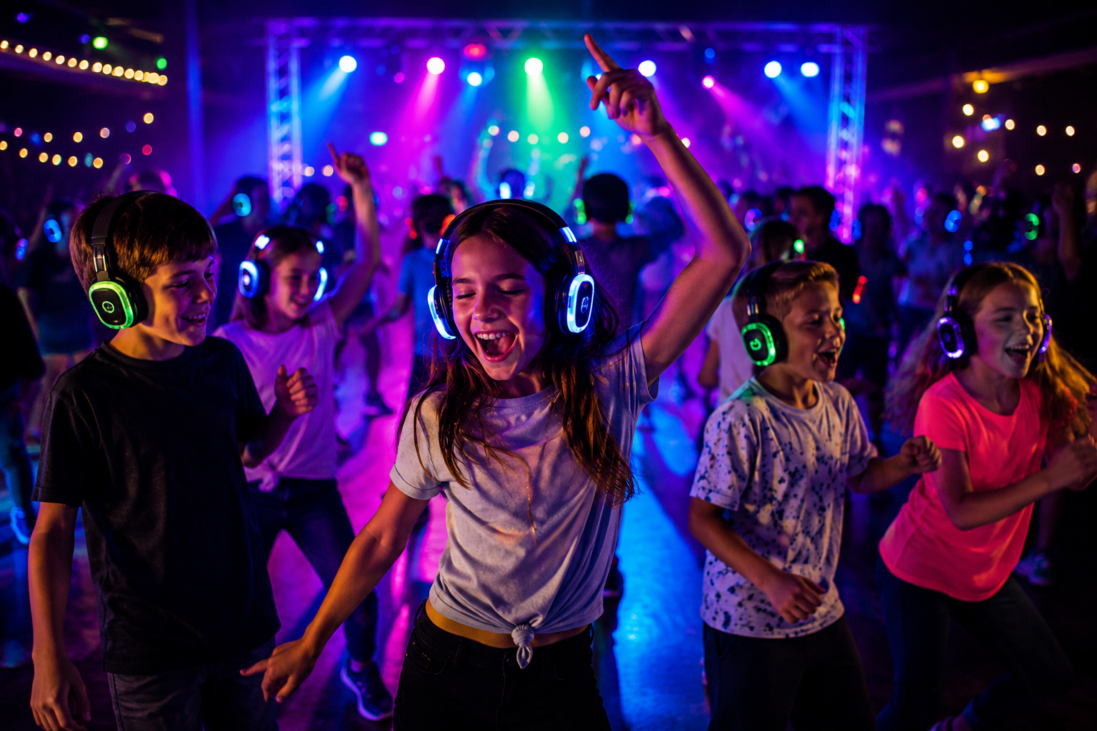 Silent disco crowd with neon headphones